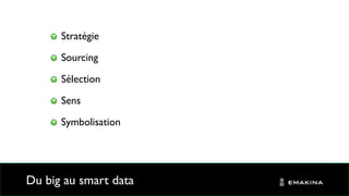 Du big au smart data
Stratégie
Sourcing
Sélection
Sens
Symbolisation
 
