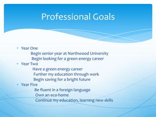 Professional Goals

Year One
Begin senior year at Northwood University
Begin looking for a green energy career
Year Two
Have a green energy career
Further my education through work
Begin saving for a bright future
Year Five
Be fluent in a foreign language
Own an eco-home
Continue my education, learning new skills

 
