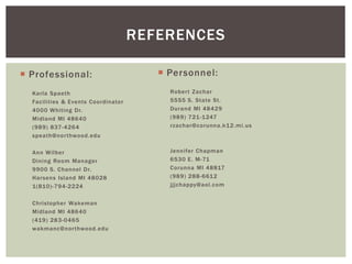 REFERENCES 
 Professional: 
Karla Spaeth 
Facilities & Events Coordinator 
4000 Whiting Dr. 
Midland MI 48640 
(989) 837-4264 
speath@nor thwood.edu 
Ann Wilber 
Dining Room Manager 
9900 S. Channel Dr. 
Harsens Island MI 48028 
1(810) -794-2224 
Christopher Wakeman 
Midland MI 48640 
(419) 283-0465 
wakmanc@nor thwood.edu 
 Personnel: 
Rober t Zachar 
5555 S. State St. 
Durand MI 48429 
(989) 721-1247 
rzachar@corunna.k12.mi .us 
Jennifer Chapman 
6530 E. M-71 
Corunna MI 48817 
(989) 288-6612 
jjjchappy@aol.com 
 