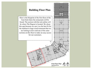 Building Floor Plan 
Here is the blueprint of the first floor of the 
East-End where the restaurants will be 
found. The section with the red outline will 
be where The Dugout is located. We chose 
this spot because we saw it as the best fit for 
the medium to large sized restaurant that we 
are looking to have and one of the outer 
sections on this floor to make an easy access 
for our customers. 
 