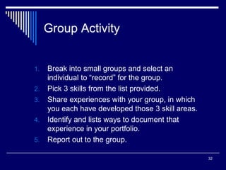 32
Group Activity
1. Break into small groups and select an
individual to “record” for the group.
2. Pick 3 skills from the list provided.
3. Share experiences with your group, in which
you each have developed those 3 skill areas.
4. Identify and lists ways to document that
experience in your portfolio.
5. Report out to the group.
 