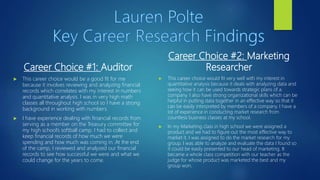 Career Choice #1: Auditor
 This career choice would be a good fit for me
because it involves reviewing and analyzing financial
records which correlates with my interest in numbers
and quantitative analysis. I was in very high math
classes all throughout high school so I have a strong
background in working with numbers.
 I have experience dealing with financial records from
serving as a member on the Treasury committee for
my high school’s softball camp. I had to collect and
keep financial records of how much we were
spending and how much was coming in. At the end
of the camp, I reviewed and analyzed our financial
records to see how successful we were and what we
could change for the years to come.
Career Choice #2: Marketing
Researcher
 This career choice would fit very well with my interest in
quantitative analysis because it deals with analyzing data and
seeing how it can be used towards strategic plans of a
company. I also have strong organizational skills which can be
helpful in putting data together in an effective way so that it
can be easily interpreted by members of a company. I have a
lot of experience in conducting market research from
countless business classes at my school.
 In my Marketing class in high school we were assigned a
product and we had to figure out the most effective way to
market it. I was assigned to do the market research for my
group. I was able to analyze and evaluate the data I found so
it could be easily presented to our head of marketing. It
became a whole class competition with our teacher as the
judge for whose product was marketed the best and my
group won.
 