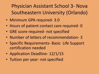 Physician Assistant School 3- Nova
Southeastern University (Orlando)
• Minimum GPA required- 3.0
• Hours of patient contact care required- 0
• GRE score required- not specified
• Number of letters of recommendation- 3
• Specific Requirements- Basic Life Support
certification needed
• Application Deadline- 12/1/15
• Tuition per year- not specified
 