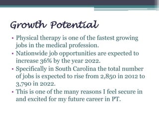 Growth Potential
• Physical therapy is one of the fastest growing
jobs in the medical profession.
• Nationwide job opportunities are expected to
increase 36% by the year 2022.
• Specifically in South Carolina the total number
of jobs is expected to rise from 2,850 in 2012 to
3,790 in 2022.
• This is one of the many reasons I feel secure in
and excited for my future career in PT.
 