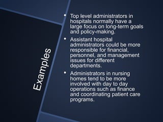 • Top level administrators in
hospitals normally have a
large focus on long-term goals
and policy-making.
• Assistant hospital
administrators could be more
responsible for financial,
personnel, and management
issues for different
departments.
• Administrators in nursing
homes tend to be more
involved with day to day
operations such as finance
and coordinating patient care
programs.
 
