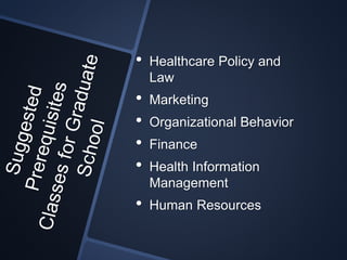 • Healthcare Policy and
Law
• Marketing
• Organizational Behavior
• Finance
• Health Information
Management
• Human Resources
 