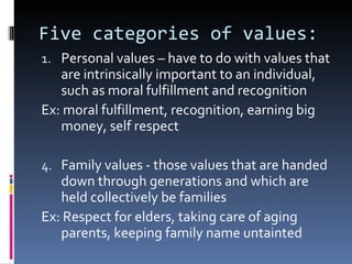 Five categories of values: Personal values – have to do with values that are intrinsically important to an individual, such as moral fulfillment and recognition Ex: moral fulfillment, recognition, earning big money, self respect Family values - those values that are handed down through generations and which are held collectively be families Ex: Respect for elders, taking care of aging parents, keeping family name untainted 