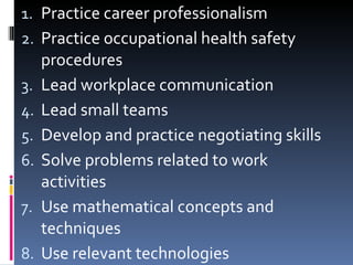 Practice career professionalism Practice occupational health safety procedures Lead workplace communication Lead small teams Develop and practice negotiating skills Solve problems related to work activities Use mathematical concepts and techniques Use relevant technologies 