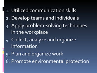 Utilized communication skills Develop teams and individuals Apply problem-solving techniques in the workplace Collect, analyze and organize information Plan and organize work Promote environmental protection 