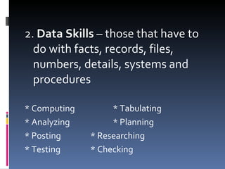 2.  Data Skills  – those that have to do with facts, records, files, numbers, details, systems and procedures * Computing * Tabulating * Analyzing * Planning * Posting * Researching * Testing * Checking 