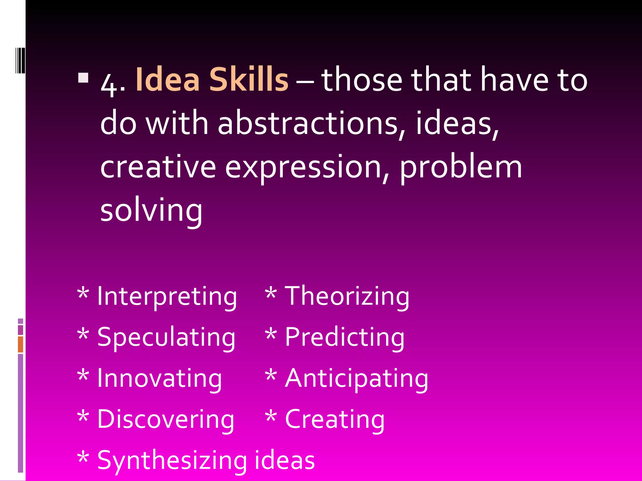 4.  Idea Skills  – those that have to do with abstractions, ideas, creative expression, problem solving * Interpreting * Theorizing * Speculating * Predicting * Innovating * Anticipating * Discovering * Creating * Synthesizing ideas 