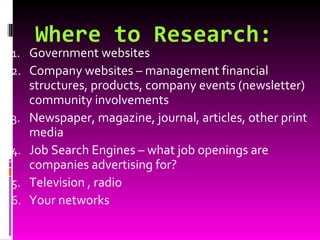 Where to Research: Government websites Company websites – management financial structures, products, company events (newsletter) community involvements Newspaper, magazine, journal, articles, other print media Job Search Engines – what job openings are companies advertising for? Television , radio Your networks  