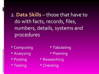 2.  Data Skills  – those that have to do with facts, records, files, numbers, details, systems and procedures * Computing * Tabulating * Analyzing * Planning * Posting * Researching * Testing * Checking 