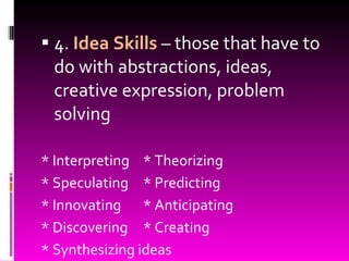 4.  Idea Skills  – those that have to do with abstractions, ideas, creative expression, problem solving * Interpreting * Theorizing * Speculating * Predicting * Innovating * Anticipating * Discovering * Creating * Synthesizing ideas 