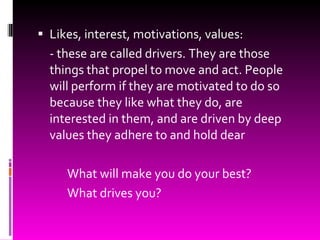 Likes, interest, motivations, values: - these are called drivers. They are those things that propel to move and act. People will perform if they are motivated to do so because they like what they do, are interested in them, and are driven by deep values they adhere to and hold dear What will make you do your best? What drives you? 
