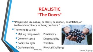 REALISTIC
"The Doers"
"People who like nature, or plants, or animals, or athletics, or
tools and machinery, or being outdoors."
They tend to value:
Making things work Practicality
Common sense Dependability
Bodily strength Tradition
Craftsmanship Physical Challenge
Lofland, M. (2017)
Bolles, 2017
 