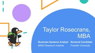 Taylor Rosecrans,
MBA
Business Systems Analyst
MIND Research Institute
Doctoral Candidate
Franklin University
 