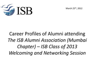 March 25th, 2012




 Career Profiles of Alumni attending
The ISB Alumni Association (Mumbai
    Chapter) – ISB Class of 2013
Welcoming and Networking Session
 