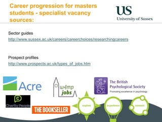 Career progression for masters
students - specialist vacancy
sources:
Sector guides
http://www.sussex.ac.uk/careers/careerchoices/researchingcareers
Prospect profiles
http://www.prospects.ac.uk/types_of_jobs.htm
 