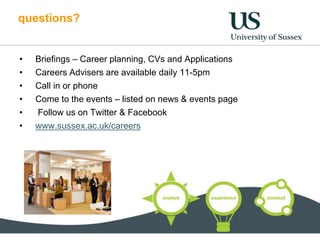 questions?
• Briefings – Career planning, CVs and Applications
• Careers Advisers are available daily 11-5pm
• Call in or phone
• Come to the events – listed on news & events page
• Follow us on Twitter & Facebook
• www.sussex.ac.uk/careers
 