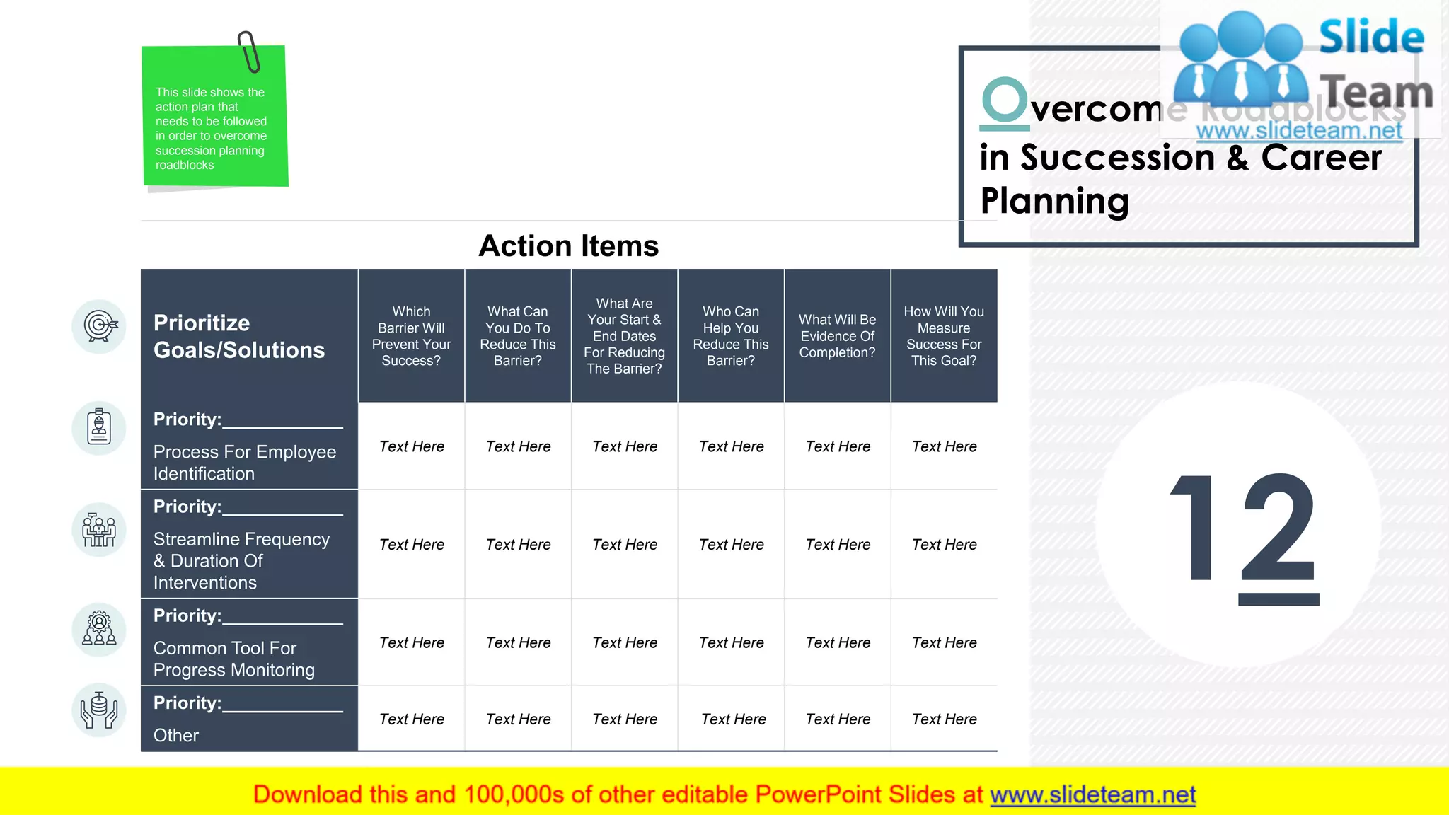 12
Overcome Roadblocks
in Succession & Career
Planning
This slide is 100% editable. Adapt it to your needs and capture your audience's attention.
This slide shows the
action plan that
needs to be followed
in order to overcome
succession planning
roadblocks
Action Items
Prioritize
Goals/Solutions
Which
Barrier Will
Prevent Your
Success?
What Can
You Do To
Reduce This
Barrier?
What Are
Your Start &
End Dates
For Reducing
The Barrier?
Who Can
Help You
Reduce This
Barrier?
What Will Be
Evidence Of
Completion?
How Will You
Measure
Success For
This Goal?
Priority:____________
Process For Employee
Identification
Text Here Text Here Text Here Text Here Text Here Text Here
Priority:____________
Streamline Frequency
& Duration Of
Interventions
Text Here Text Here Text Here Text Here Text Here Text Here
Priority:____________
Common Tool For
Progress Monitoring
Text Here Text Here Text Here Text Here Text Here Text Here
Priority:____________
Other
Text Here Text Here Text Here Text Here Text Here Text Here
 