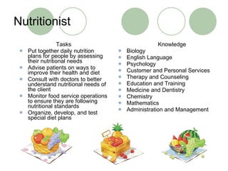 Nutritionist Tasks Put together daily nutrition plans for people by assessing their nutritional needs Advise patients on ways to improve their health and diet Consult with doctors to better understand nutritional needs of the client Monitor food service operations to ensure they are following nutritional standards Organize, develop, and test special diet plans  Knowledge Biology English Language Psychology Customer and Personal Services Therapy and Counseling Education and Training Medicine and Dentistry Chemistry Mathematics Administration and Management 