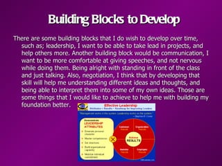 Building Blocks to Develop
There are some building blocks that I do wish to develop over time,
  such as; leadership, I want to be able to take lead in projects, and
  help others more. Another building block would be communication, I
  want to be more comfortable at giving speeches, and not nervous
  while doing them. Being alright with standing in front of the class
  and just talking. Also, negotiation, I think that by developing that
  skill will help me understanding different ideas and thoughts, and
  being able to interpret them into some of my own ideas. Those are
  some things that I would like to achieve to help me with building my
  foundation better.
 