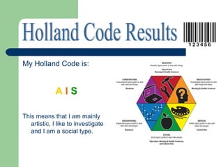 My Holland Code is:


             AIS

This means that I am mainly
   artistic, I like to investigate
   and I am a social type.
 
