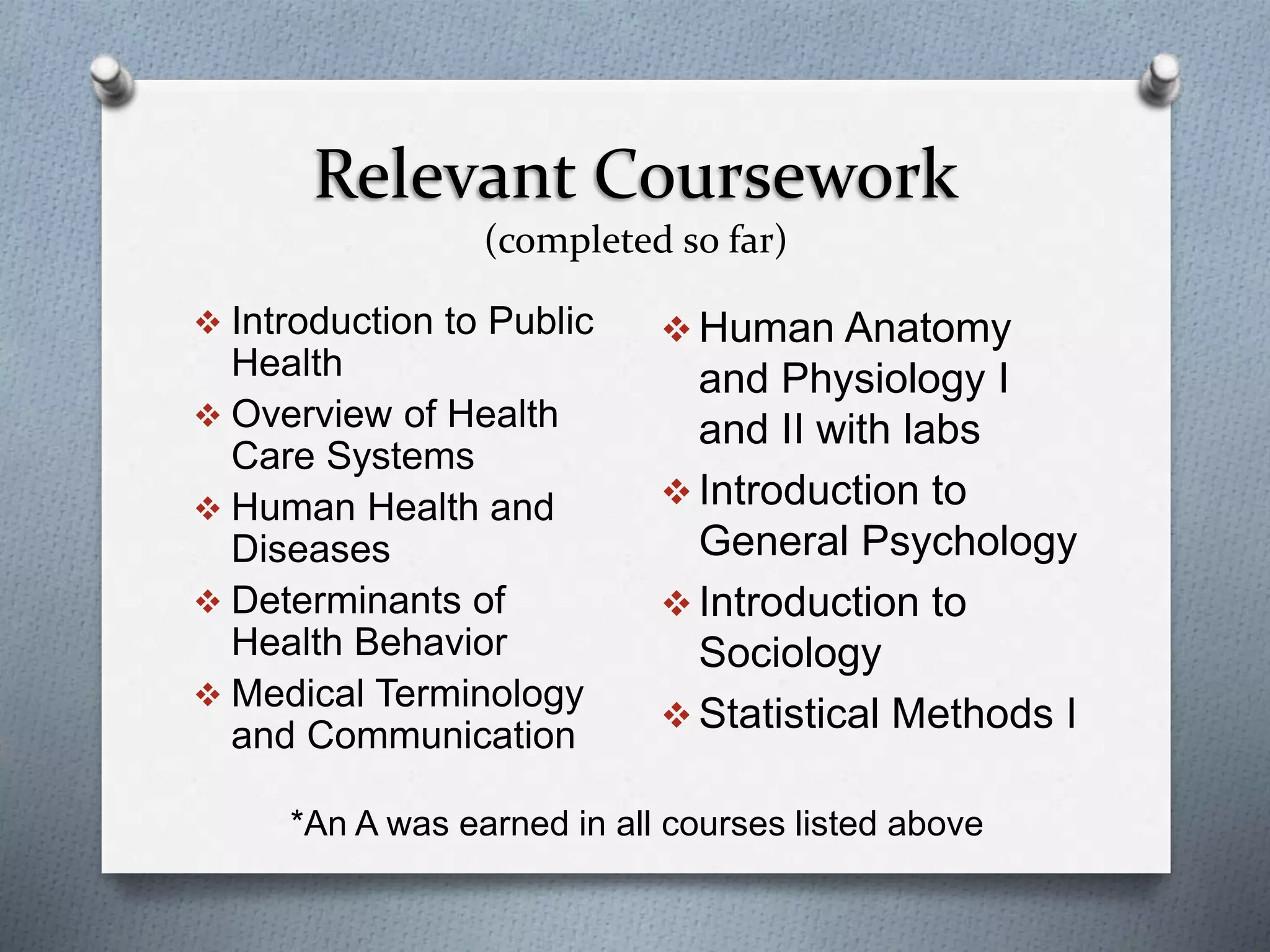 Relevant Coursework
(completed so far)
 Introduction to Public
Health
 Overview of Health
Care Systems
 Human Health and
Diseases
 Determinants of
Health Behavior
 Medical Terminology
and Communication
 Human Anatomy
and Physiology I
and II with labs
 Introduction to
General Psychology
 Introduction to
Sociology
 Statistical Methods I
*An A was earned in all courses listed above
 