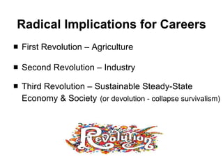 Radical Implications for Careers First Revolution – Agriculture Second Revolution – Industry Third Revolution – Sustainable Steady-State Economy & Society   (or devolution - collapse survivalism) 