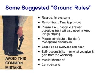 Some Suggested “Ground Rules” Respect for everyone Remember... Time is precious Please ask... happy to answer questions but I will also need to keep things moving Please contribute... But don’t monopolize discussion Speak up so everyone can hear Self-responsibility – for what you give & gain from the workshop Mobile phones off Confidentiality 