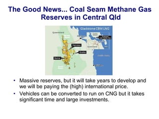 The Good News... Coal Seam Methane Gas  Reserves in Central Qld Massive reserves, but it will take years to develop and we will be paying the (high) international price. Vehicles can be converted to run on CNG but it takes significant time and large investments. 