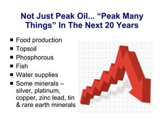 Not Just Peak Oil... “Peak Many Things” In The Next 20 Years Food production Topsoil Phosphorous Fish Water supplies Some minerals – silver, platinum, copper, zinc lead, tin & rare earth minerals 