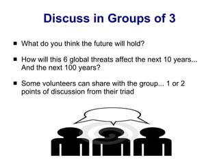 Discuss in Groups of 3 What do you think the future will hold? How will this 6 global threats affect the next 10 years... And the next 100 years? Some volunteers can share with the group... 1 or 2 points of discussion from their triad 