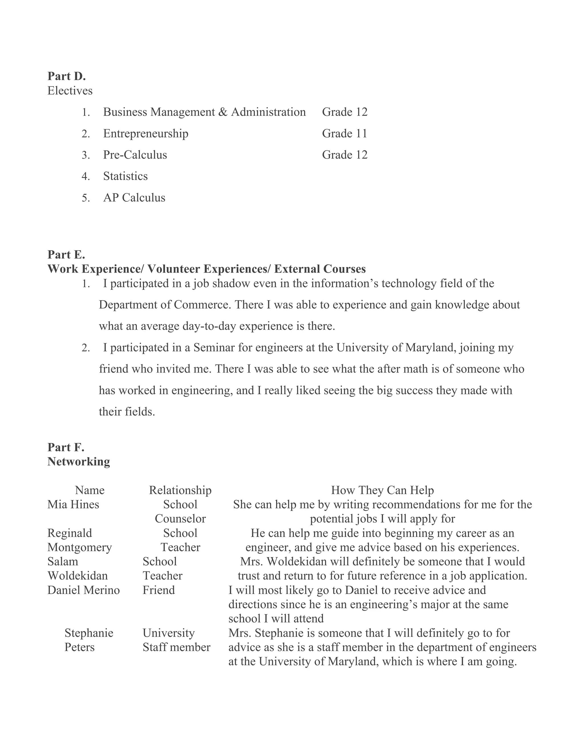 Part D.
Electives
      1.    Business Management & Administration         Grade 12
      2.    Entrepreneurship                             Grade 11
      3.    Pre-Calculus                                 Grade 12
      4.    Statistics
      5.    AP Calculus



Part E.
Work Experience/ Volunteer Experiences/ External Courses
      1. I participated in a job shadow even in the information’s technology field of the
            Department of Commerce. There I was able to experience and gain knowledge about
            what an average day-to-day experience is there.
      2.    I participated in a Seminar for engineers at the University of Maryland, joining my
            friend who invited me. There I was able to see what the after math is of someone who
            has worked in engineering, and I really liked seeing the big success they made with
            their fields.

Part F.
Networking

     Name              Relationship                         How They Can Help
Mia Hines                 School       She can help me by writing recommendations for me for the
                        Counselor                       potential jobs I will apply for
Reginald                  School           He can help me guide into beginning my career as an
Montgomery                Teacher         engineer, and give me advice based on his experiences.
Salam                 School             Mrs. Woldekidan will definitely be someone that I would
Woldekidan            Teacher           trust and return to for future reference in a job application.
Daniel Merino         Friend          I will most likely go to Daniel to receive advice and
                                      directions since he is an engineering’s major at the same
                                      school I will attend
   Stephanie          University      Mrs. Stephanie is someone that I will definitely go to for
   Peters             Staff member    advice as she is a staff member in the department of engineers
                                      at the University of Maryland, which is where I am going.
 