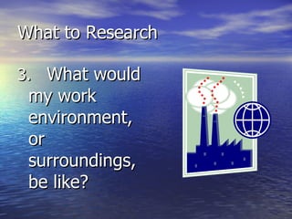 What to Research 3. What would my work environment, or surroundings, be like? 