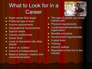 What to Look for in a
Career
 Major career field target
 Preferred type of work
 Income requirements
 Geographical requirements
 Special needs
 Industry preferences
 Stress level
 Level of interaction with other
people
 Indoor vs. outdoor
 Amount of independence
 Balance between creative and
conventional tasks
 The type of people you would
interact with
 Physical requirements
 Local/national/international
organization
 Benefits and perks
 Advancement opportunities
 A good boss
 Training
 Industry outlook
 Reputation of the firm in the
industry
 