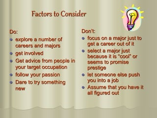 Factors to Consider
Do:
 explore a number of
careers and majors
 get involved
 Get advice from people in
your target occupation
 follow your passion
 Dare to try something
new
Don’t:
 focus on a major just to
get a career out of it
 select a major just
because it is “cool” or
seems to promise
prestige
 let someone else push
you into a job
 Assume that you have it
all figured out
 