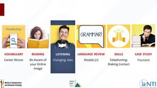 Be Aware of
your Online
Image
READING
Changing Jobs
LISTENING
Telephoning:
Making Contact
SKILLS
YouJuice
CASE STUDY
Modals (1)
LANGUAGE REVIEW
Career Moves
VOCABULARY
 