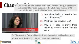 Changing Jobs
1) How does Melissa describe her
current company?
2) What was her previous job?
3) Why is it easy to move from
sector to sector in the finance
world?
 