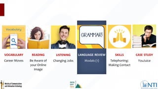 Be Aware of
your Online
Image
READING
Changing Jobs
LISTENING
Telephoning:
Making Contact
SKILLS
YouJuice
CASE STUDY
Modals (1)
LANGUAGE REVIEW
Career Moves
VOCABULARY
 