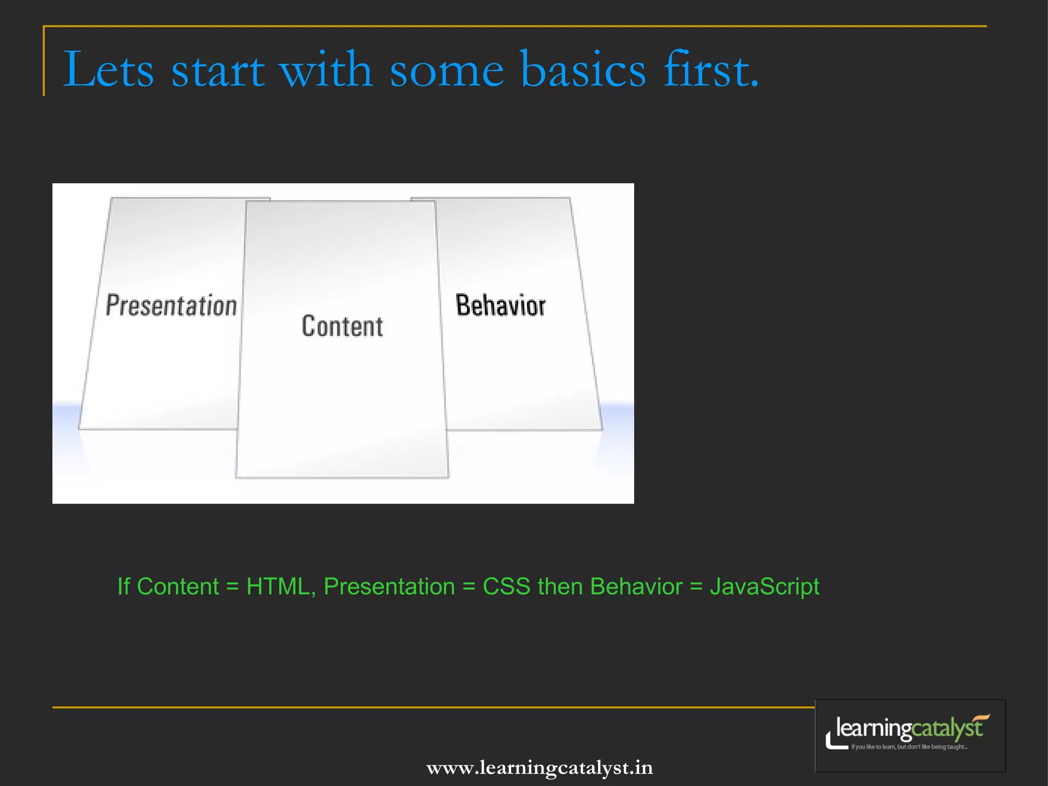 Lets start with some basics first. If Content = HTML, Presentation = CSS then Behavior = JavaScript 