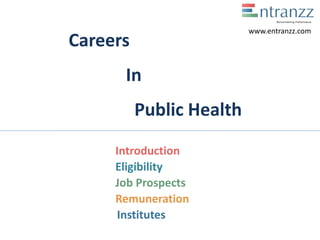 Careers
In
Public Health
Introduction
Eligibility
Job Prospects
Remuneration
Institutes
www.entranzz.com
 