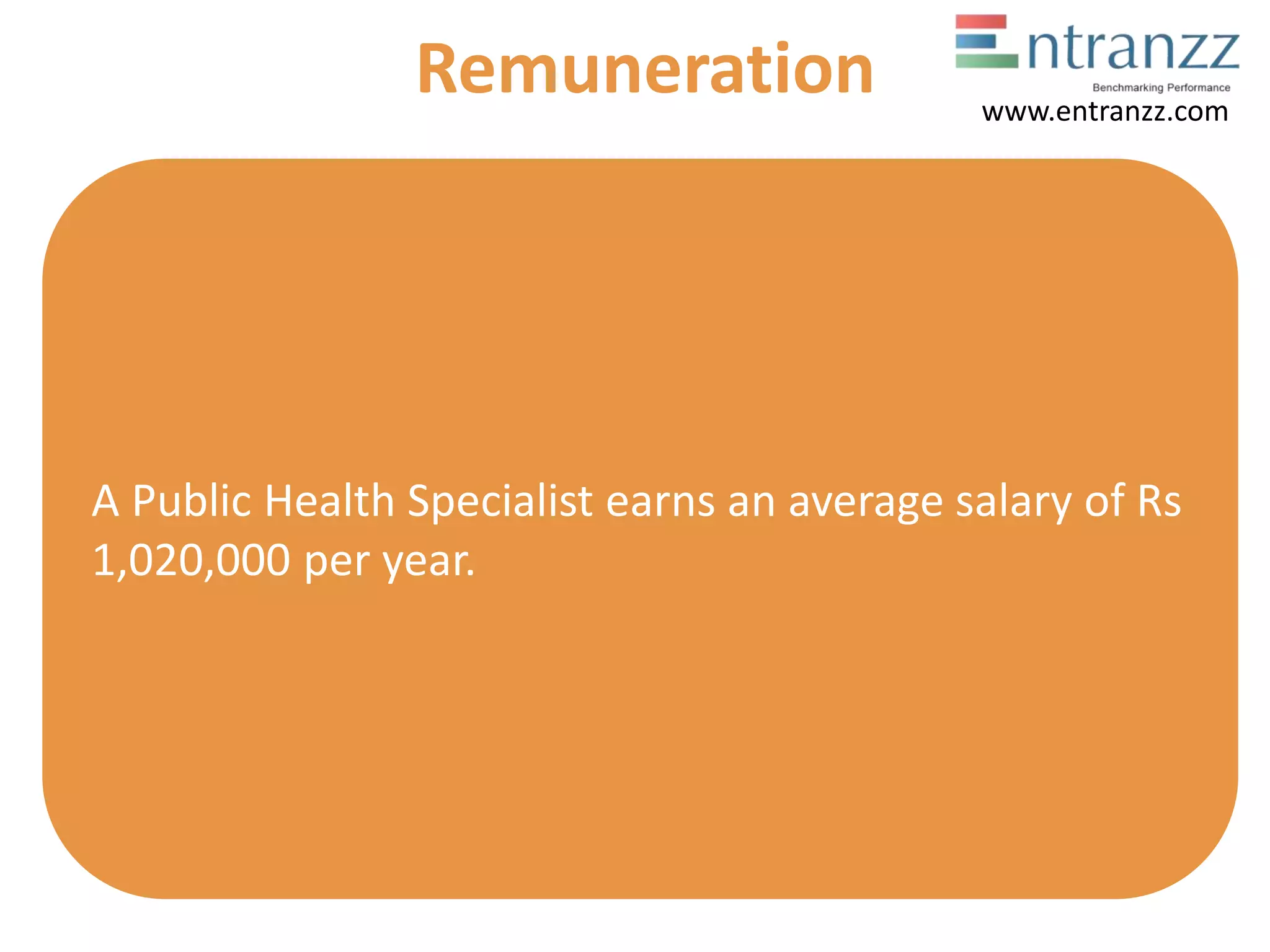 A Public Health Specialist earns an average salary of Rs
1,020,000 per year.
Remuneration www.entranzz.com