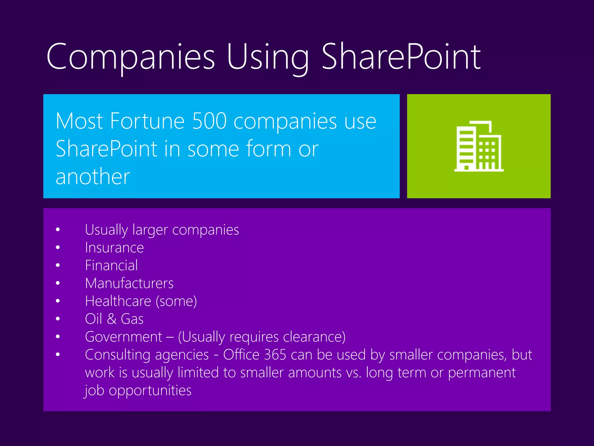 Companies Using SharePoint
Most Fortune 500 companies use
SharePoint in some form or
another
• Usually larger companies
• Insurance
• Financial
• Manufacturers
• Healthcare (some)
• Oil & Gas
• Government – (Usually requires clearance)
• Consulting agencies - Office 365 can be used by smaller companies, but
work is usually limited to smaller amounts vs. long term or permanent
job opportunities
 