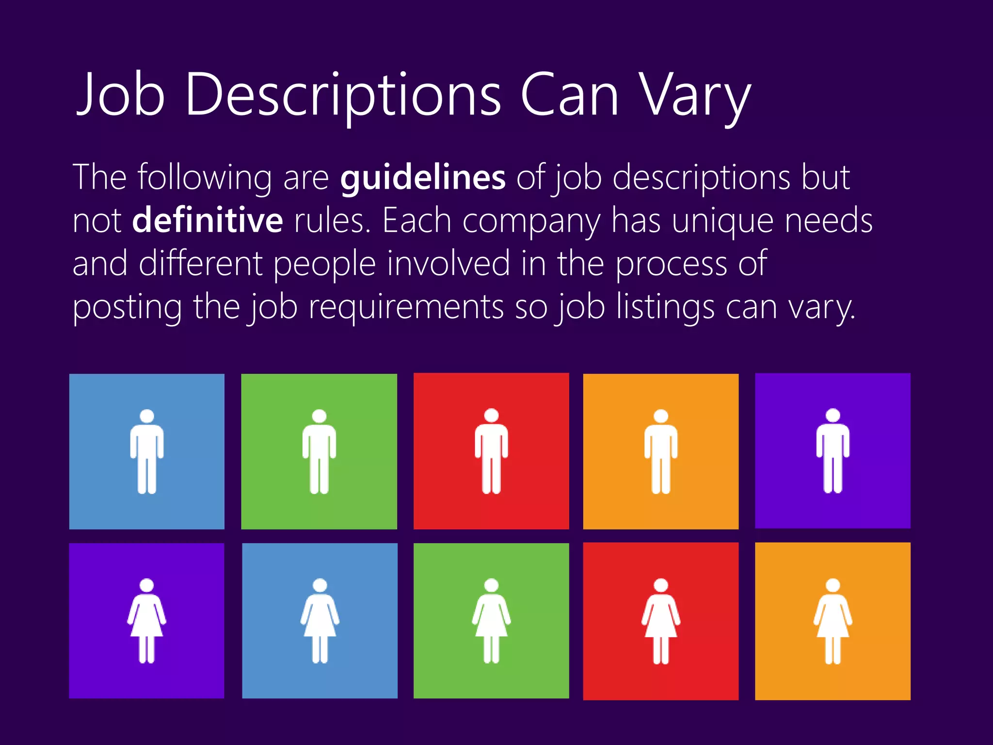 Job Descriptions Can Vary
The following are guidelines of job descriptions but
not definitive rules. Each company has unique needs
and different people involved in the process of
posting the job requirements so job listings can vary.
 