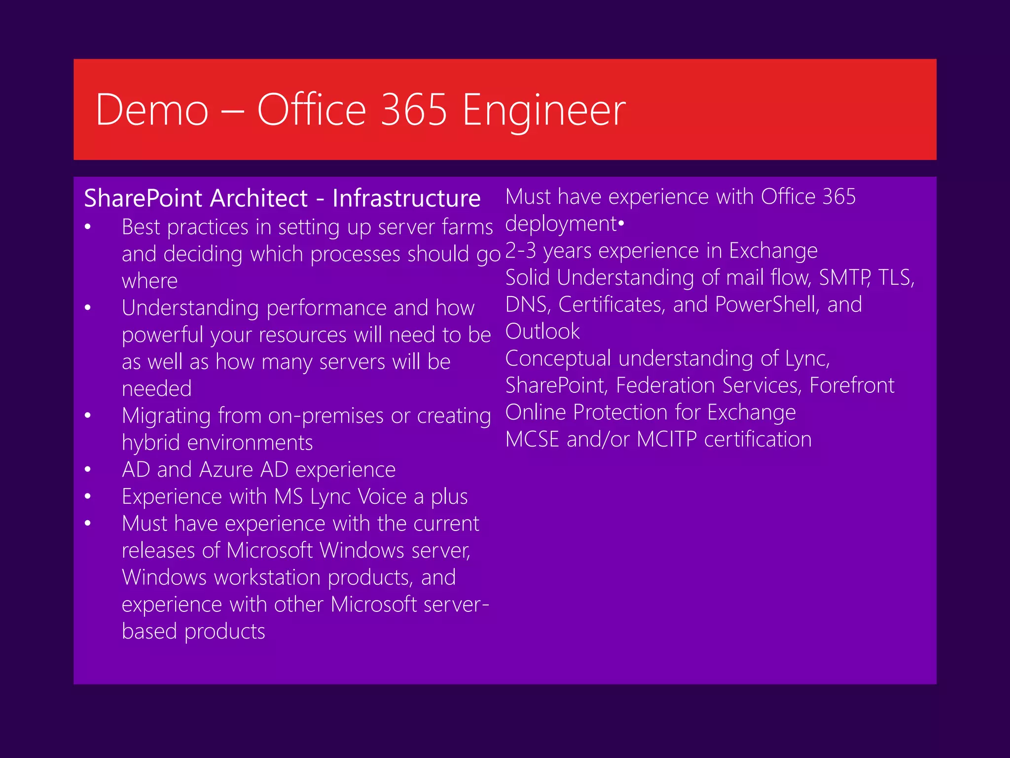 SharePoint Architect - Infrastructure
• Best practices in setting up server farms
and deciding which processes should go
where
• Understanding performance and how
powerful your resources will need to be
as well as how many servers will be
needed
• Migrating from on-premises or creating
hybrid environments
• AD and Azure AD experience
• Experience with MS Lync Voice a plus
• Must have experience with the current
releases of Microsoft Windows server,
Windows workstation products, and
experience with other Microsoft server-
based products
Must have experience with Office 365
deployment•
2-3 years experience in Exchange
Solid Understanding of mail flow, SMTP, TLS,
DNS, Certificates, and PowerShell, and
Outlook
Conceptual understanding of Lync,
SharePoint, Federation Services, Forefront
Online Protection for Exchange
MCSE and/or MCITP certification
Demo – Office 365 Engineer
 