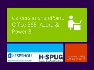Careers in SharePoint,
Office 365, Azure &
Power BI
Matthew J. Bailey
MCT, MCSE, MCSAJanuary 2015
 