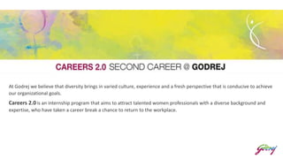 At Godrej we believe that diversity brings in varied culture, experience and a fresh perspective that is conducive to achieve
our organizational goals.
Careers 2.0is an internship program that aims to attract talented women professionals with a diverse background and
expertise, who have taken a career break a chance to return to the workplace.
 
