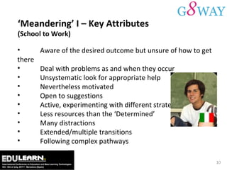 Aware of the desired outcome but unsure of how to get there  Deal with problems as and when they occur  Unsystematic look for appropriate help  Nevertheless motivated  Open to suggestions  Active, experimenting with different strategies  Less resources than the ‘Determined’  Many distractions  Extended/multiple transitions  Following complex pathways ‘ Meandering’ I – Key Attributes (School to Work) 